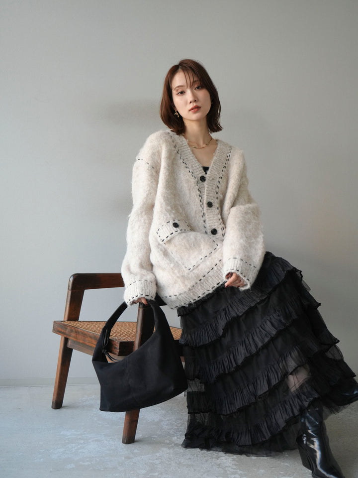 [予約]ステッチVネックニットカーディガン/アイボリー