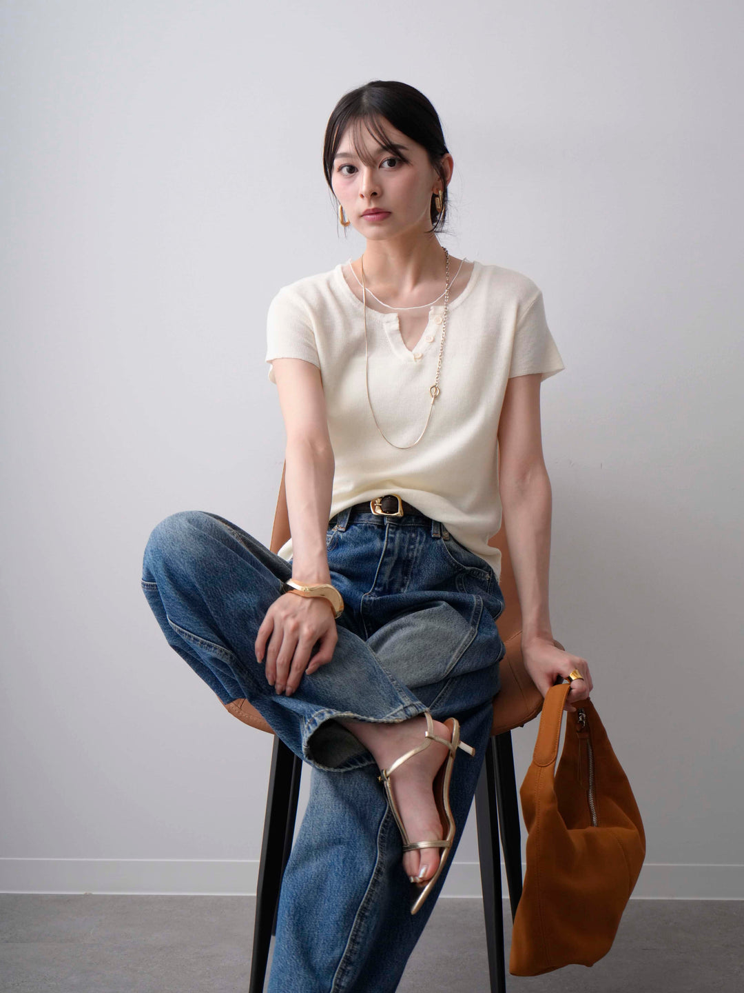 [SET]チュールレーヤードヘンリーフレンチニットトップス+立体カーブデニムパンツ(2set)