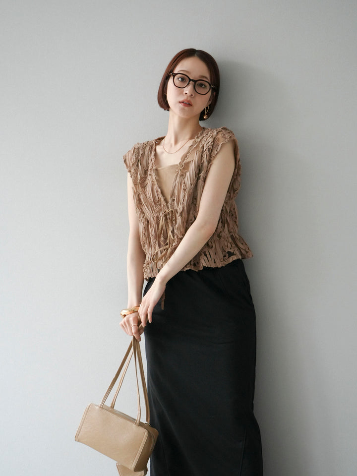 [SET]ジャガードレースリボントップス+スウェットロングスカート(2set)