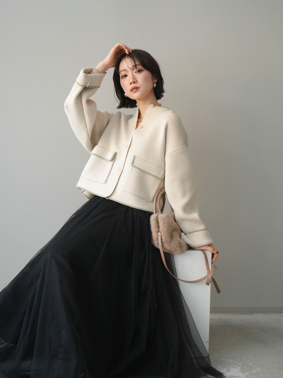 [SET]ポリエステル配色ニットカーディガン+チュールボリュームスカート(2set)
