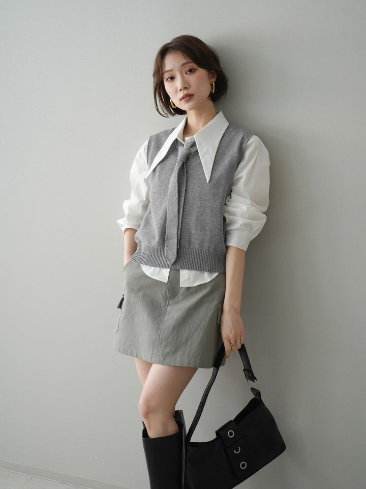 【套裝】蝴蝶結針織背心套裝襯衫+繫帶工裝迷你裙（兩件組）