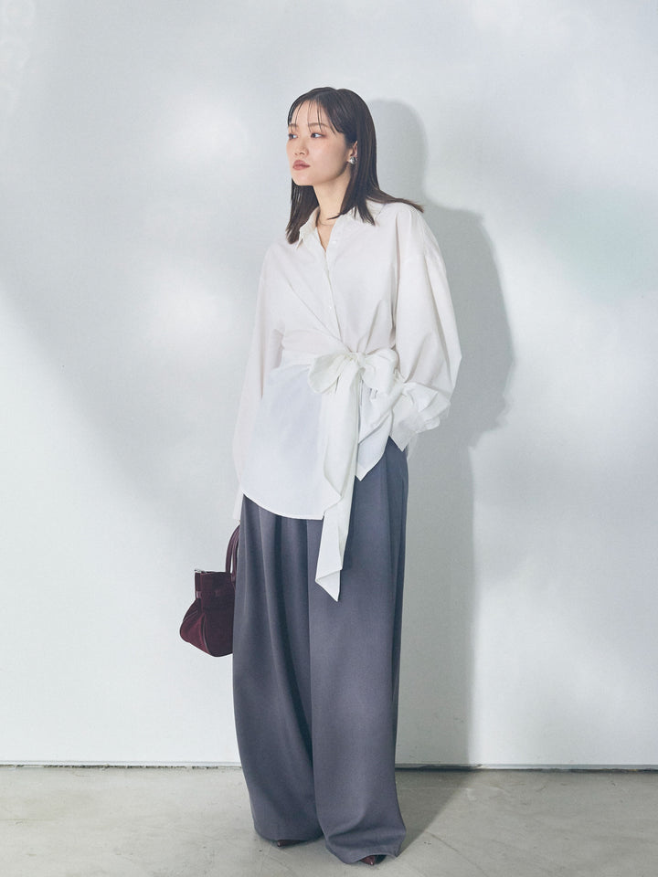 【Allure】[SET]ウエストアシメリボンシャツ+ベルトループデザインワイドパンツ(2set)
