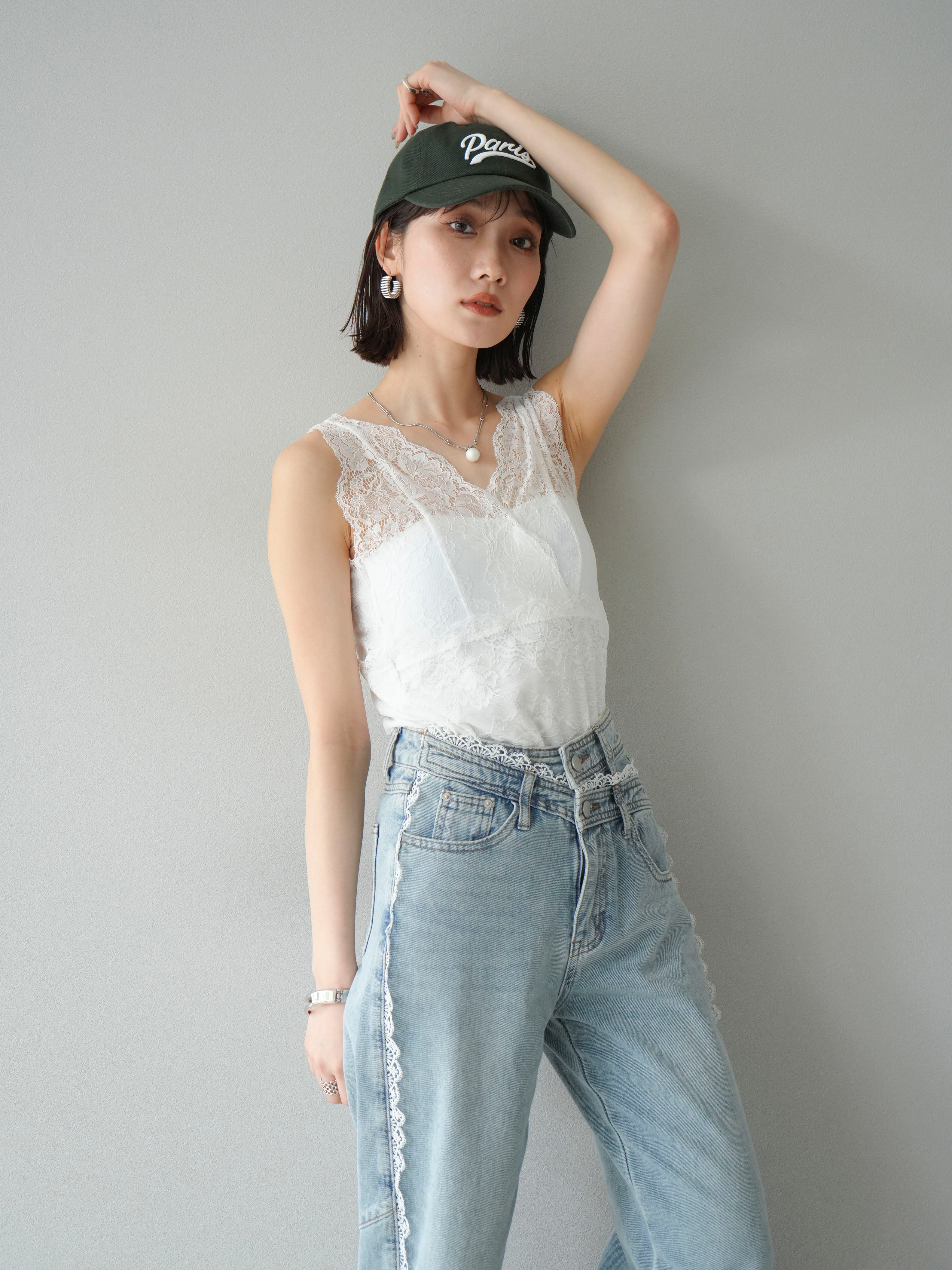 レースリブタンクトップ DRESS+ タンクトップ インナー レディース レースタンク 前後2way