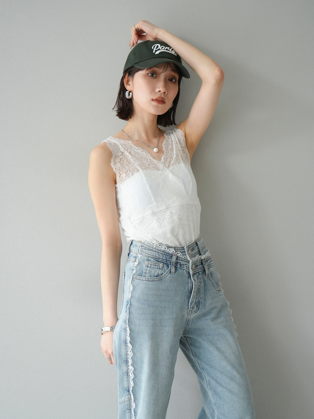 [予約]カップ付レースタンクトップ/ オフ