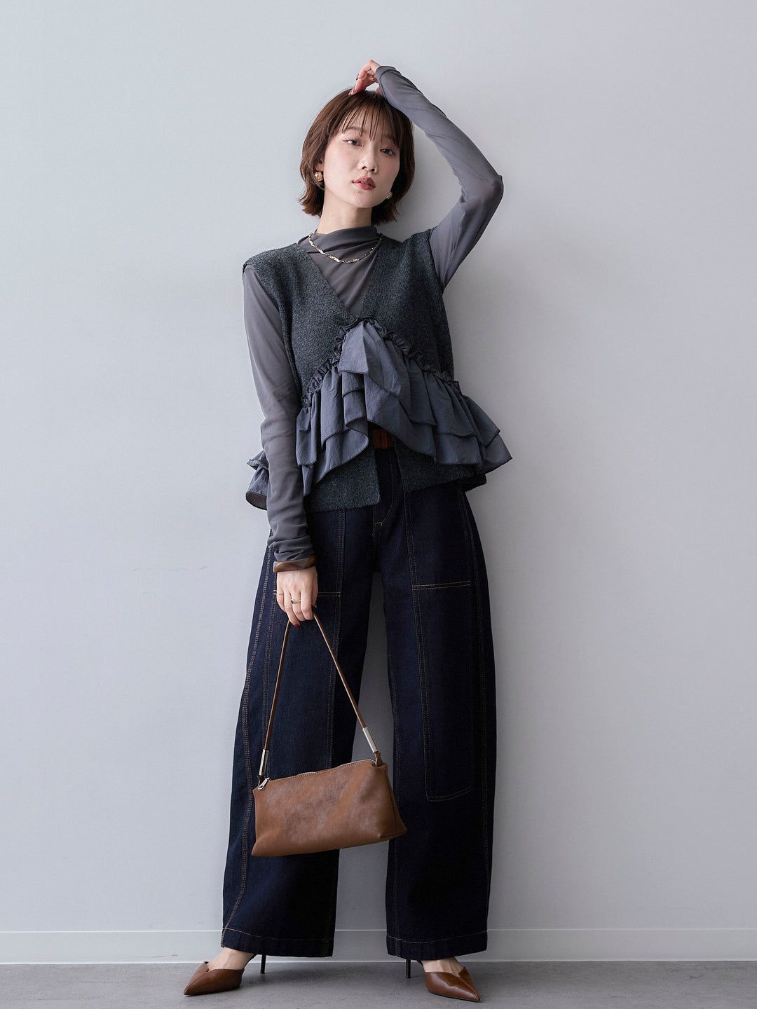 [SET]マルチWAYニットベスト+パネルステッチバレルデニム(2set)