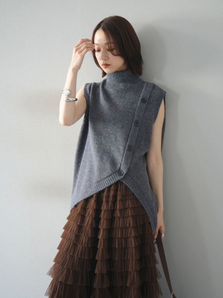 [予約]デザインボタンハイネックニットベスト/ gray