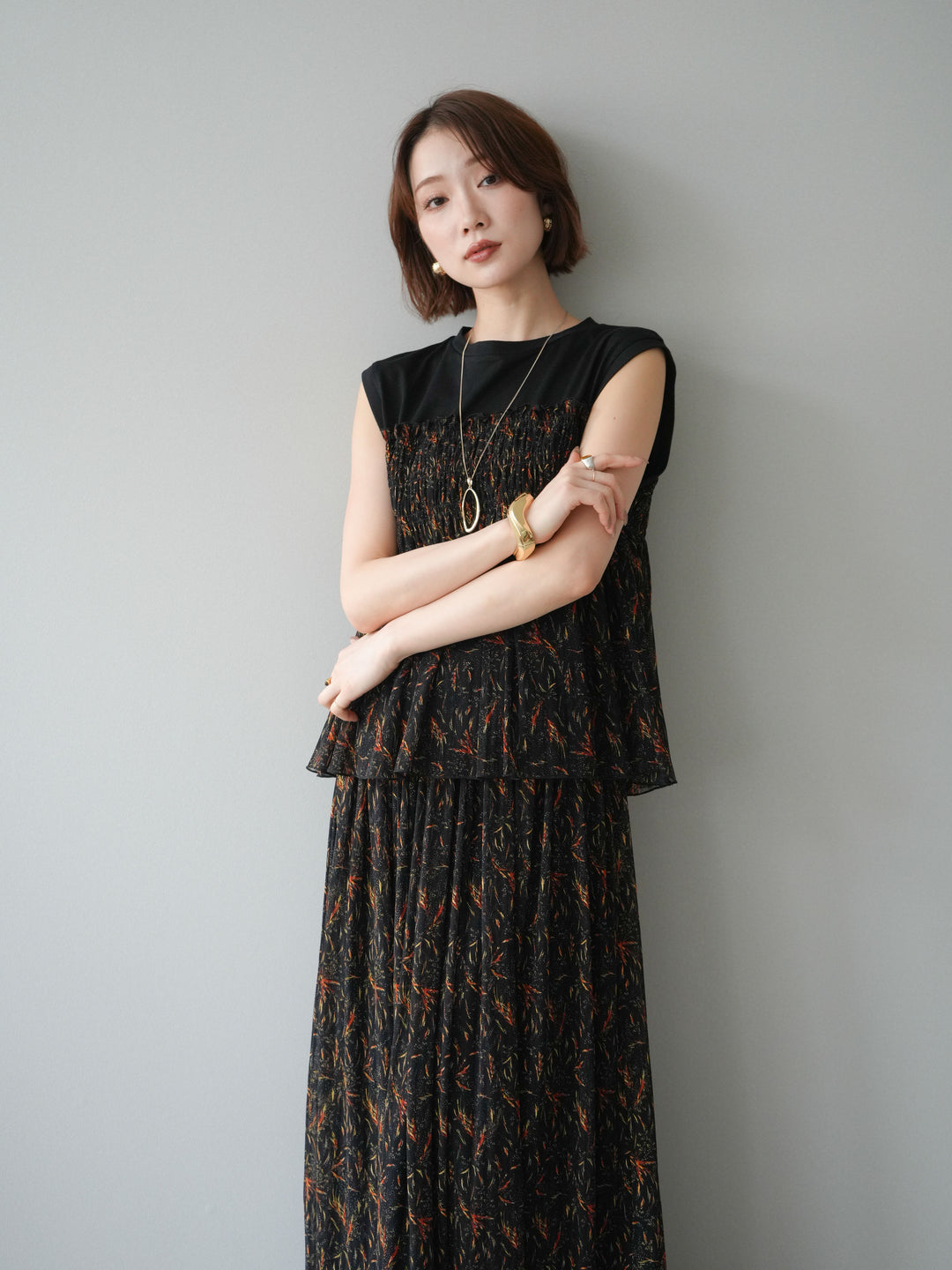 [予約]チュールプリントノースリーブトップス/black