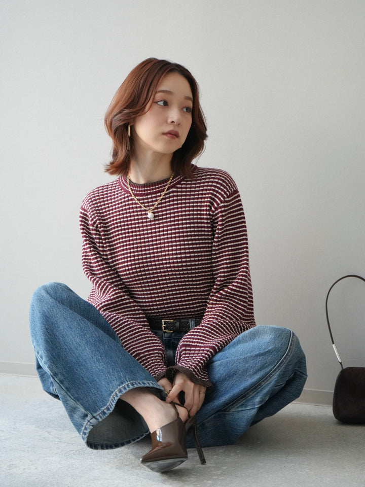 [SET]ラメ異素材ボーダーリブニットプルオーバー+ペインターカーブデニムパンツ(2set)