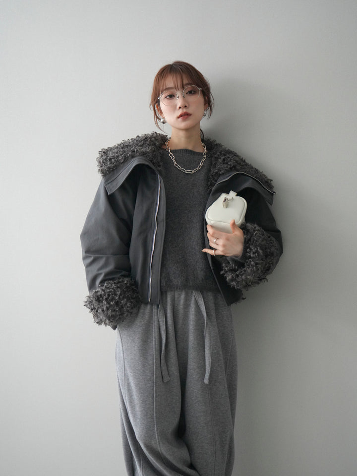 [SET]プードルファーダウンジャケット+アンゴラタッチボートネッククロップドプルオーバー(2set)