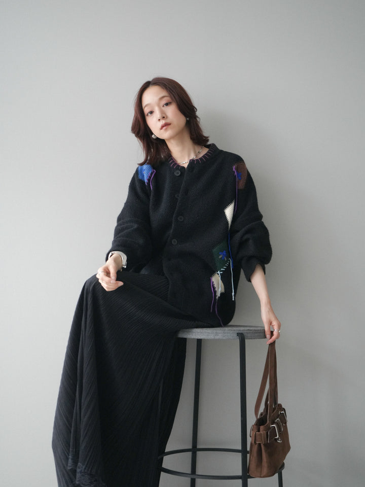 [SET]ハンドステッチアーガイルデザインニットカーディガン+裾レーススウェードプリーツマキシスカート(2set)