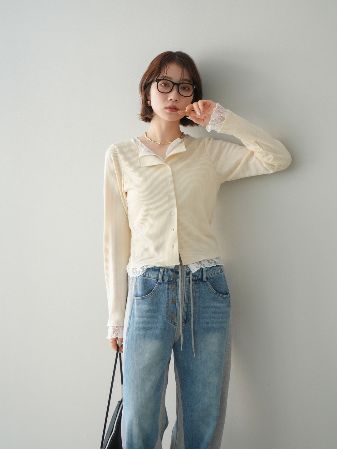 [SET]レースドッキングテレコリブカーディガン+選べるアクセセット(2set)