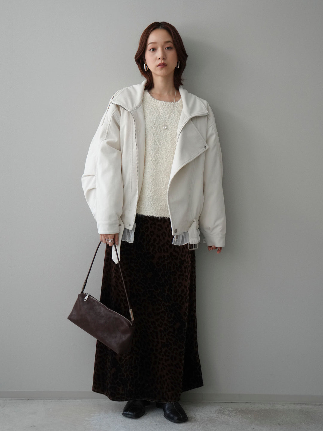 [SET]コーデュロイライダース裾レースブルゾン+モールラメミックスヤーンニットプルオーバー+レオパードベロアナロースカート(3set)