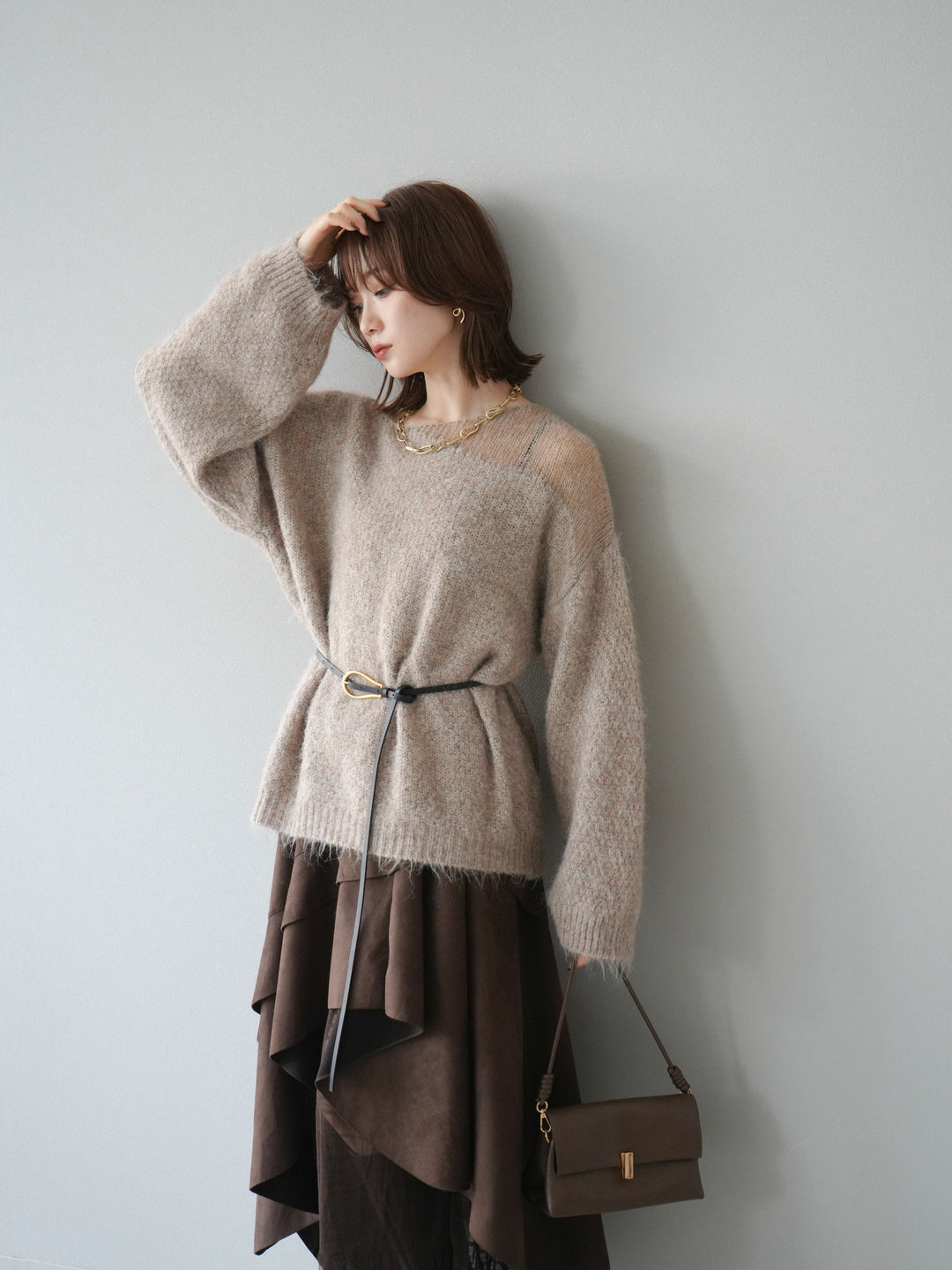 [SET]ネック透かし編みニットプルオーバー+選べるアクセセット(2set)