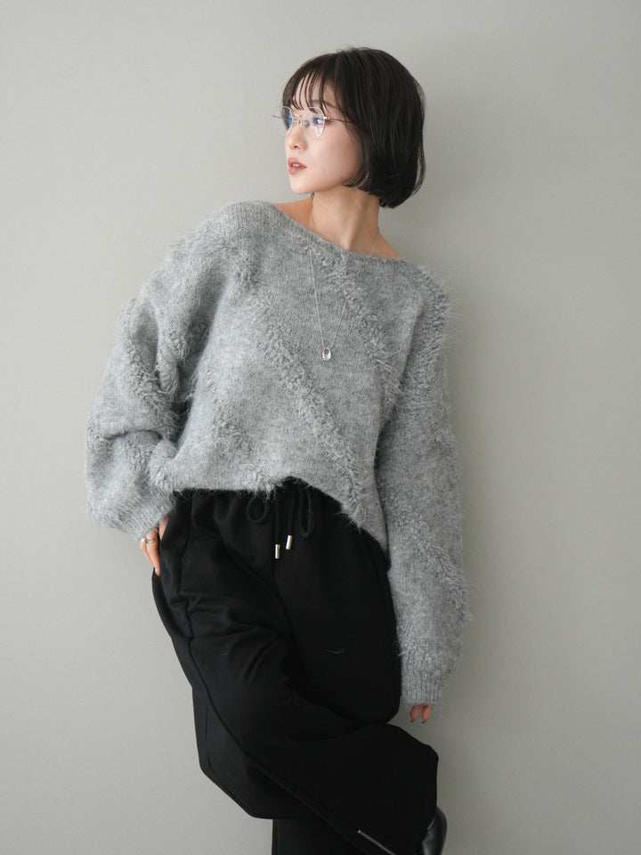 [SET]シャギーデザインニットプルオーバー+裾ZIPスエットワイドパンツ(2set)