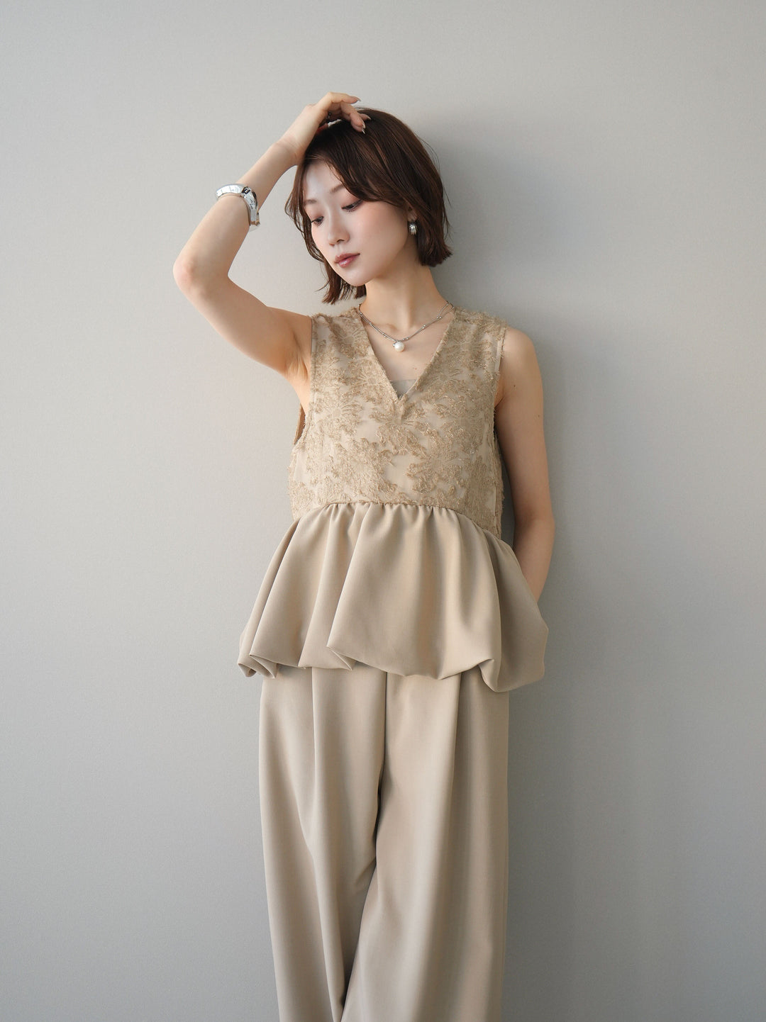 [SET]ジャガードレースぺプラムドッキングサロペット+選べるアクセセット(2set)