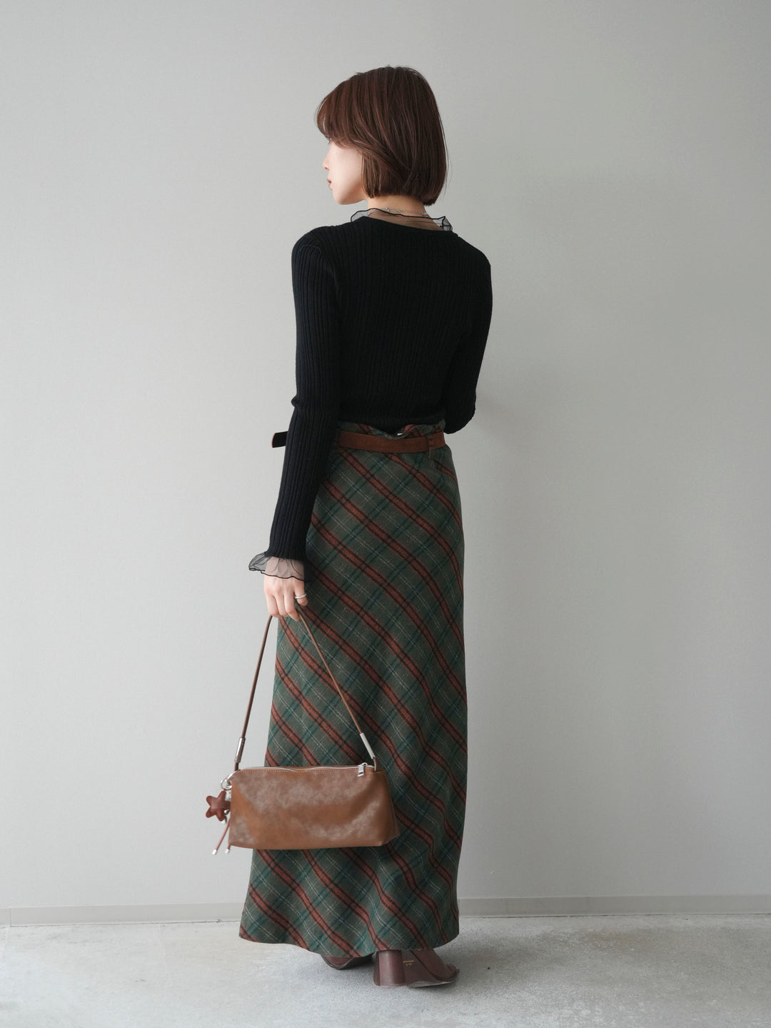 [SET]チュールドッキングリブニットトップス+ベルト付チェック柄ナロースカート(2set)