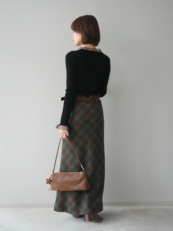 [SET]チュールドッキングリブニットトップス+ベルト付チェック柄ナロースカート(2set)