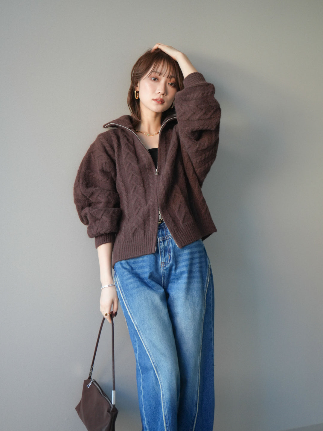 [SET]ケーブル編みハイネックZIPニットカーディガン+ケーブル編みハイネックZIPニットカーディガン(2set)