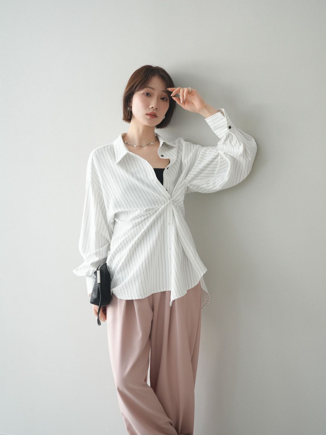 [SET]2WAYカシュクールストライプブラウス+ベルト付キーホルダーモチーフワイドパンツ(2set)