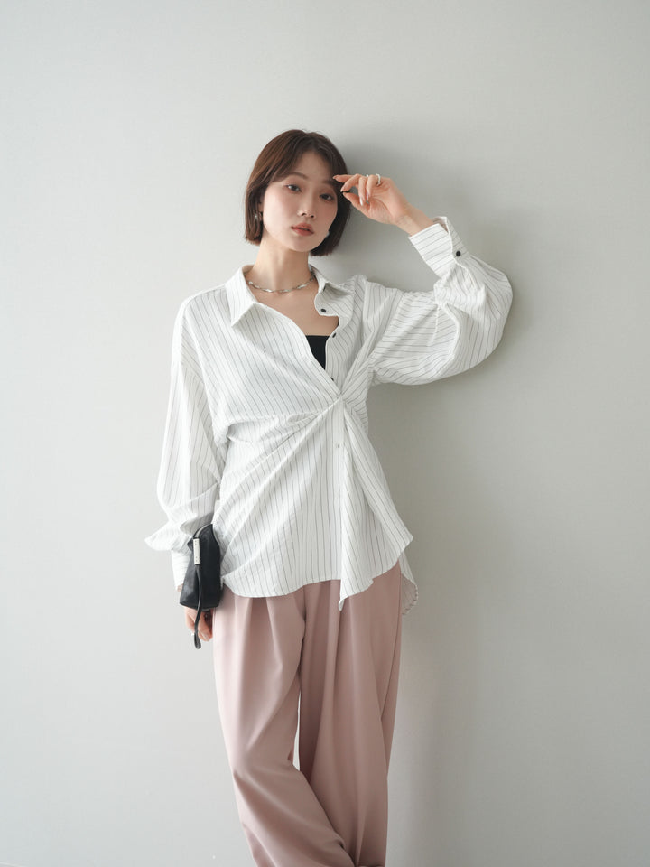 [SET]2WAYカシュクールストライプブラウス+ベルト付キーホルダーモチーフワイドパンツ(2set)
