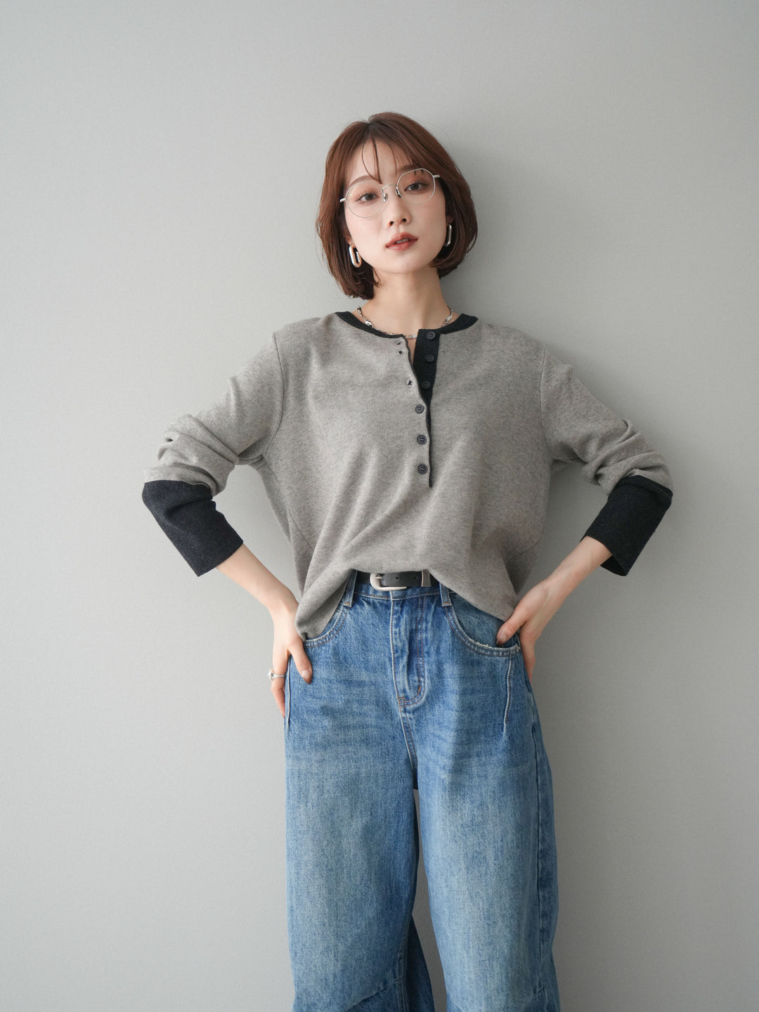 [SET]ヘンリーネック配色ニットソー+ヘンリーネック配色ニットソー(2set)