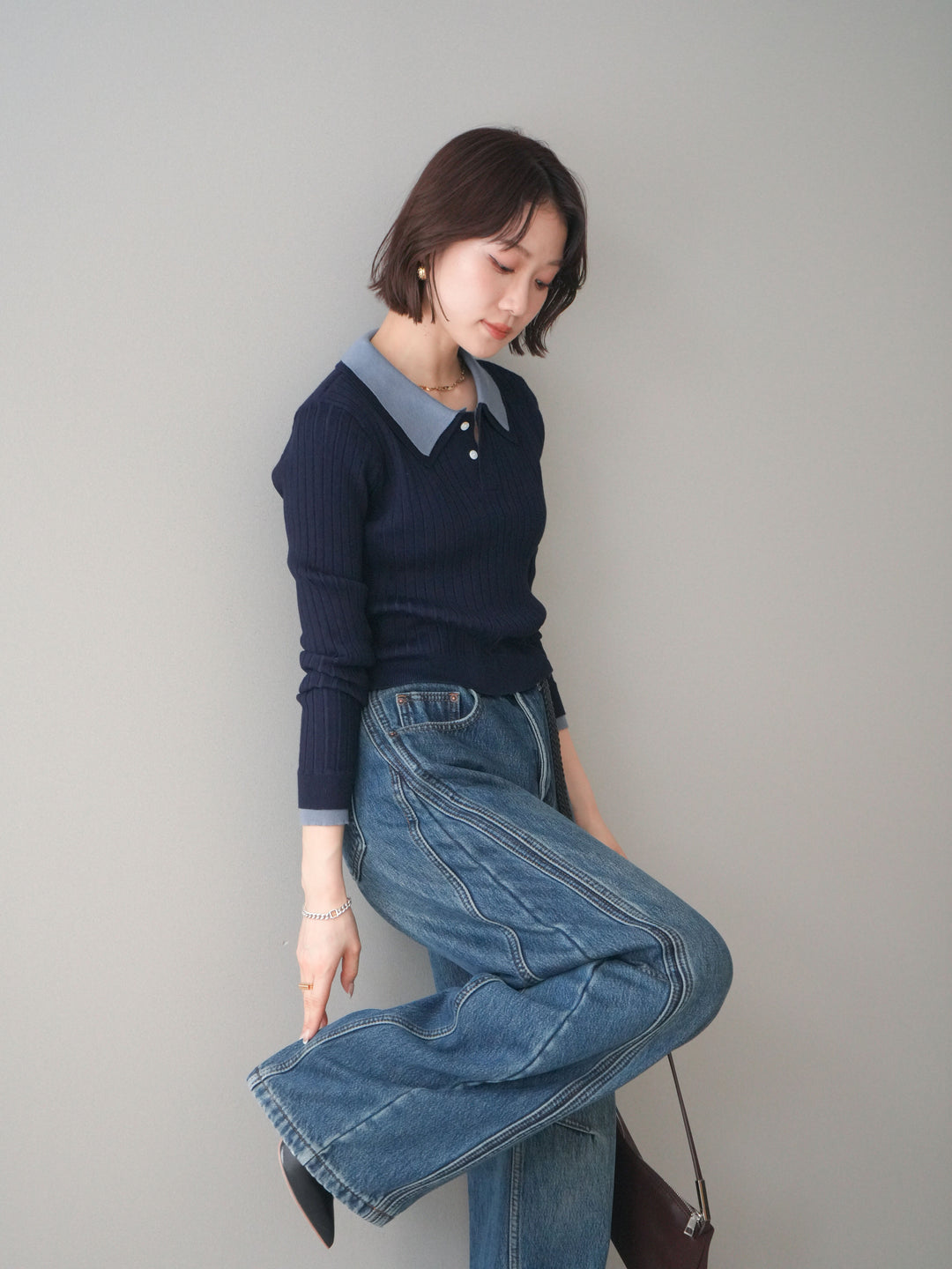 [予約]ダブル襟ポロリブニットトップス/navy