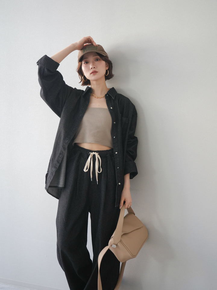 [SET]ポイントレザーオーバーデニムシャツ+ドロストワイドデニムパンツ(2set)