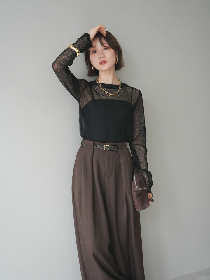 [SET]シアーストライプメッシュトップス+ドレープタックベルトループパンツ(2set)