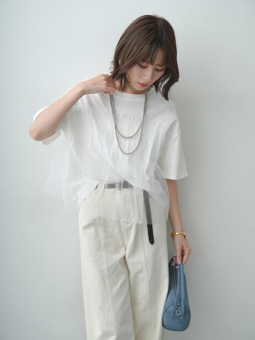 [SET]ギャザーチュールドッキングTEE+センターラインカーブクロップデニム(2set)