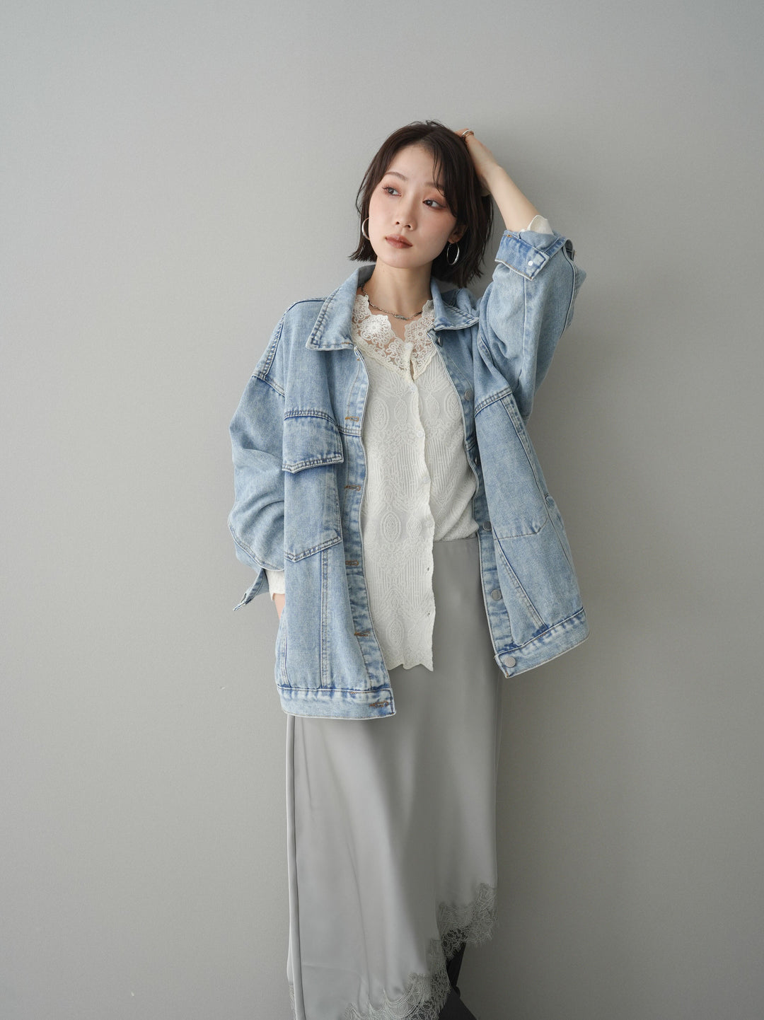 [SET]デザインBIGポケットオーバーデニムジャケット+選べるアクセセット(2set)