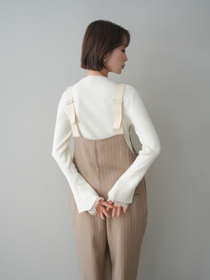 [SET]袖スカラップレースオフネックニットトップス+グログランテープストライプサロペット(2set)