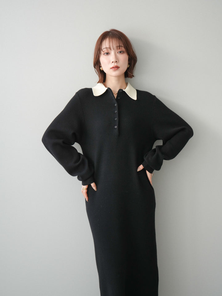 [予約]配色ポロニットワンピース/black