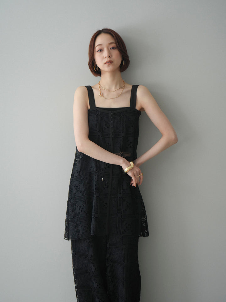 [SET]配色パネルレースキャミソール+カップ付テレコリブベアキャミソール(2set)