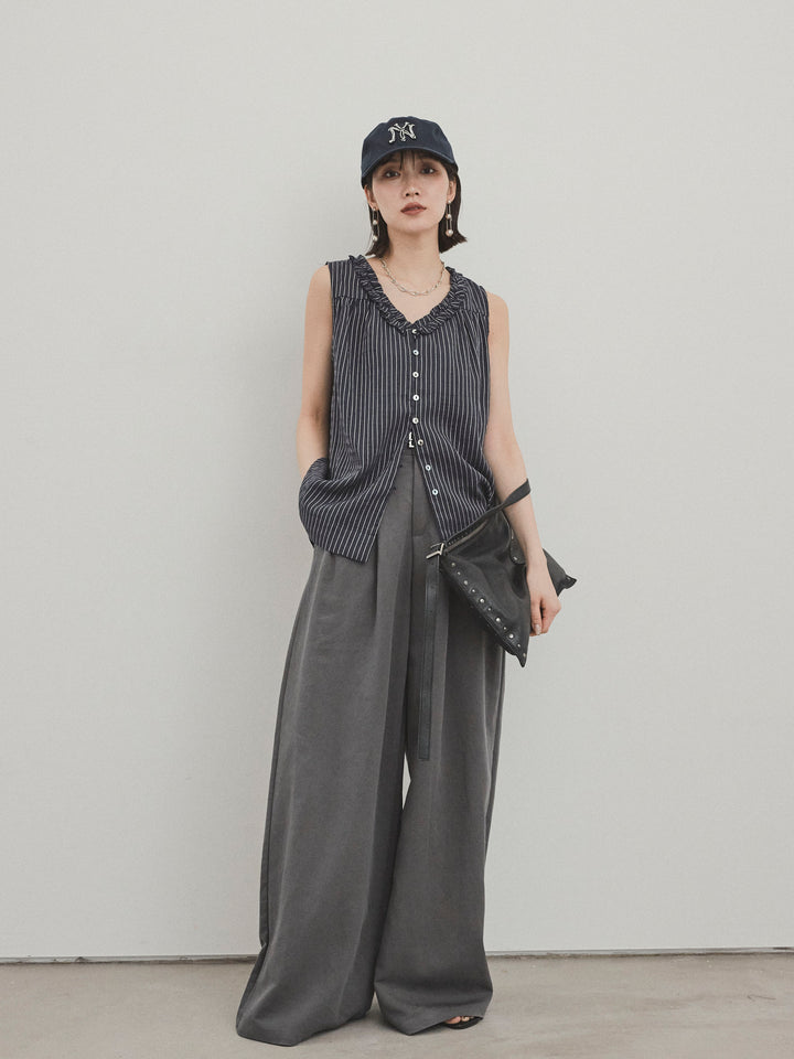 【預購】條紋荷葉邊襯衫/黑色