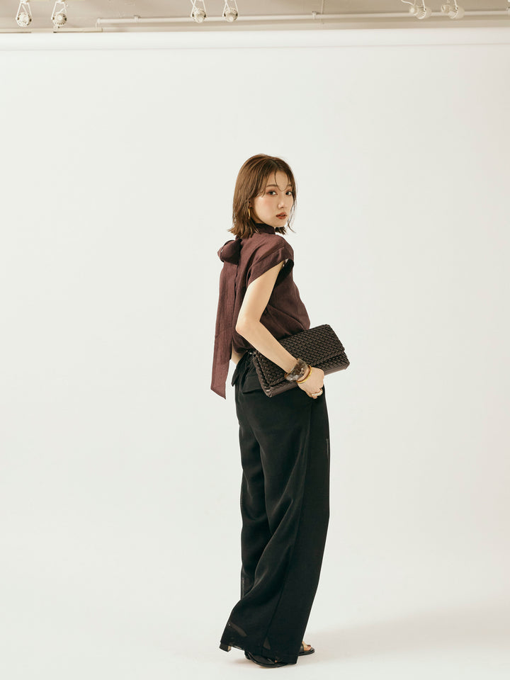 【Allure】[SET]シャイニーシアーブラウス+メッシュタックワイドパンツ(2set)