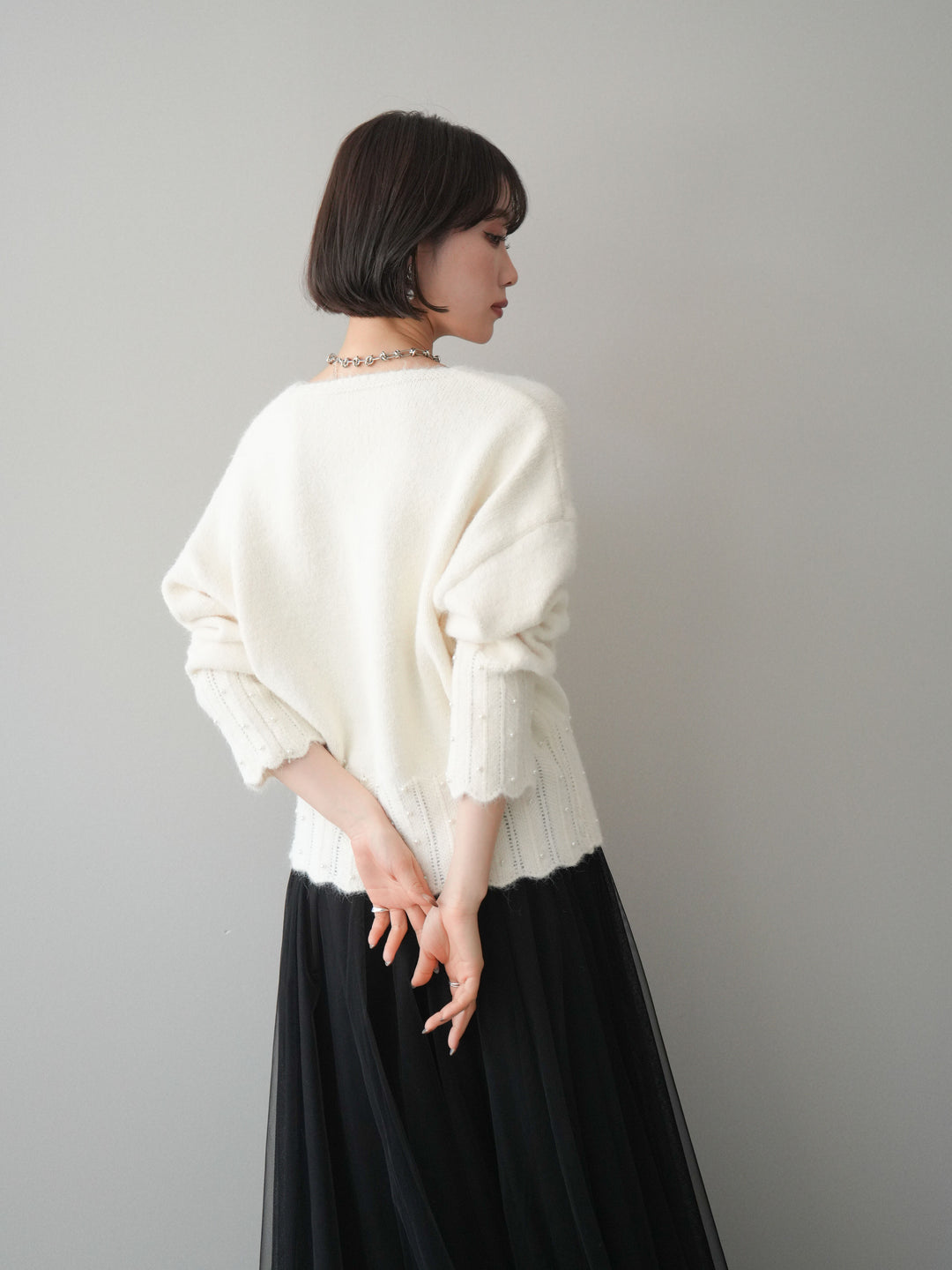 [SET]パールフリルリブヘムニットプルオーバー+チュールボリュームスカート(2set)