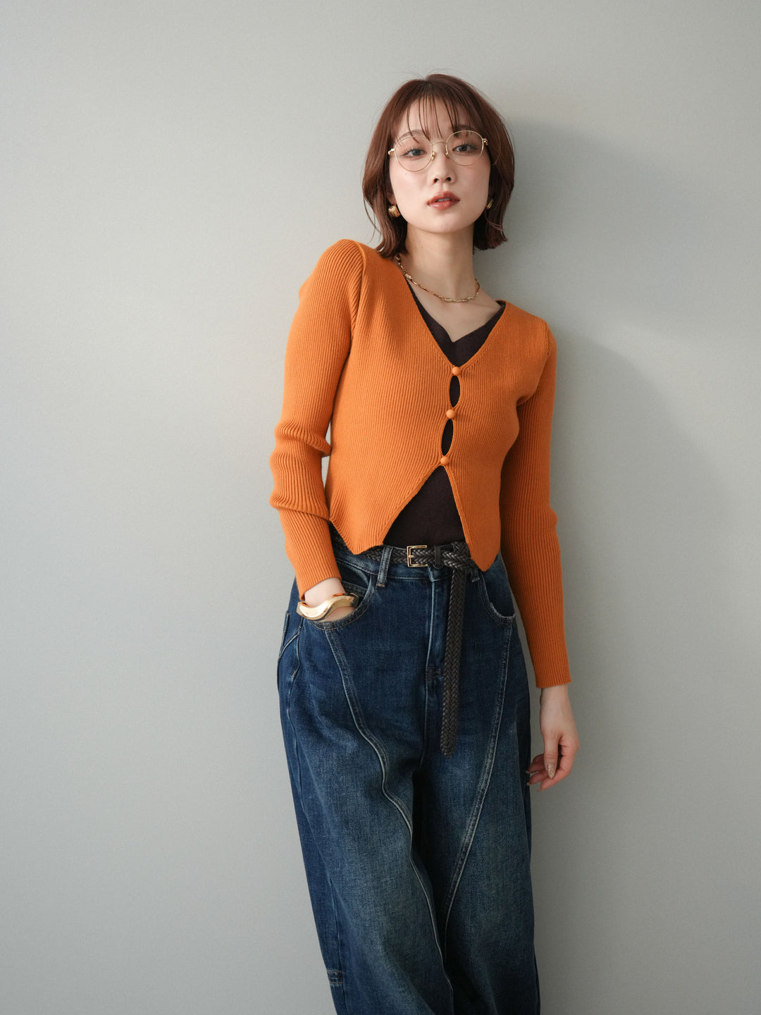 [予約]Vネック配色レイヤードスリットニットトップス/orange