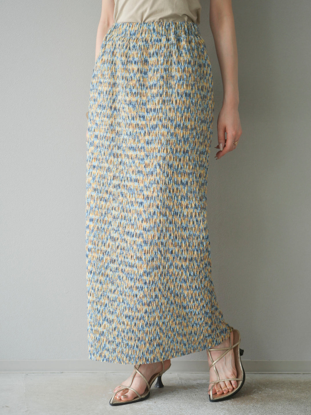 [予約]マルチカラーランダムプリーツタイトスカート/イエロー