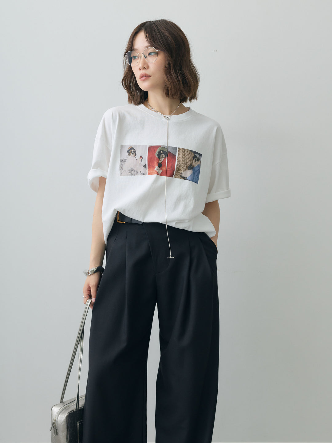 [SET]スリードッグフォトボックスTEE+アシンメトリーベルトタックワイドパンツ(2set)