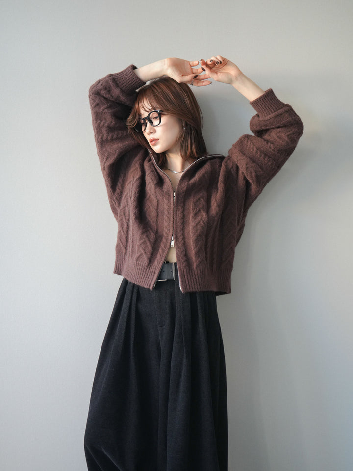 [SET]ケーブル編みハイネックZIPニットカーディガン+ベルトデザインループコールテンワイドパンツ(ベルト付き)(2set)