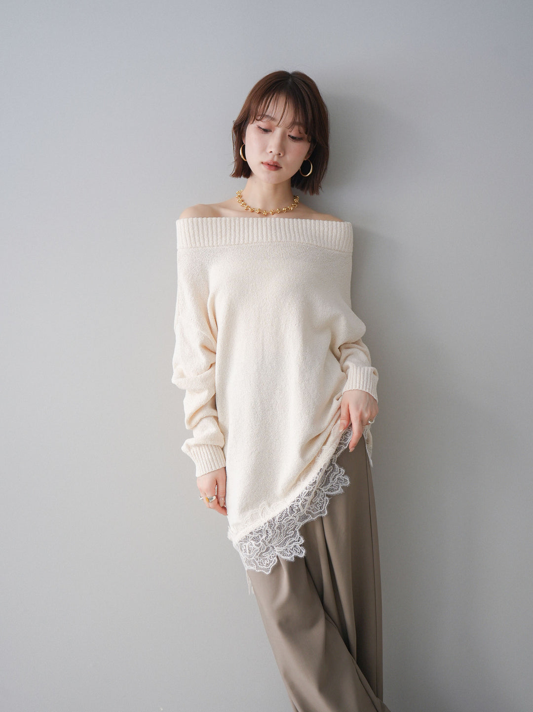 [SET]アシンメトリーレースヘムニットプルオーバー+ベルト付キーホルダーモチーフワイドパンツ(2set)