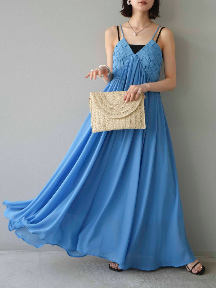 [予約]編み込みデザインシフォンワンピース/ブルー