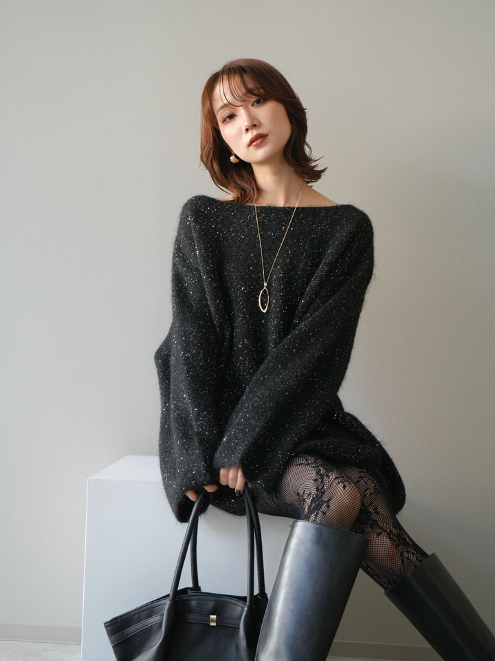 [予約]スパンコールミニシャギーニットチュニック/black