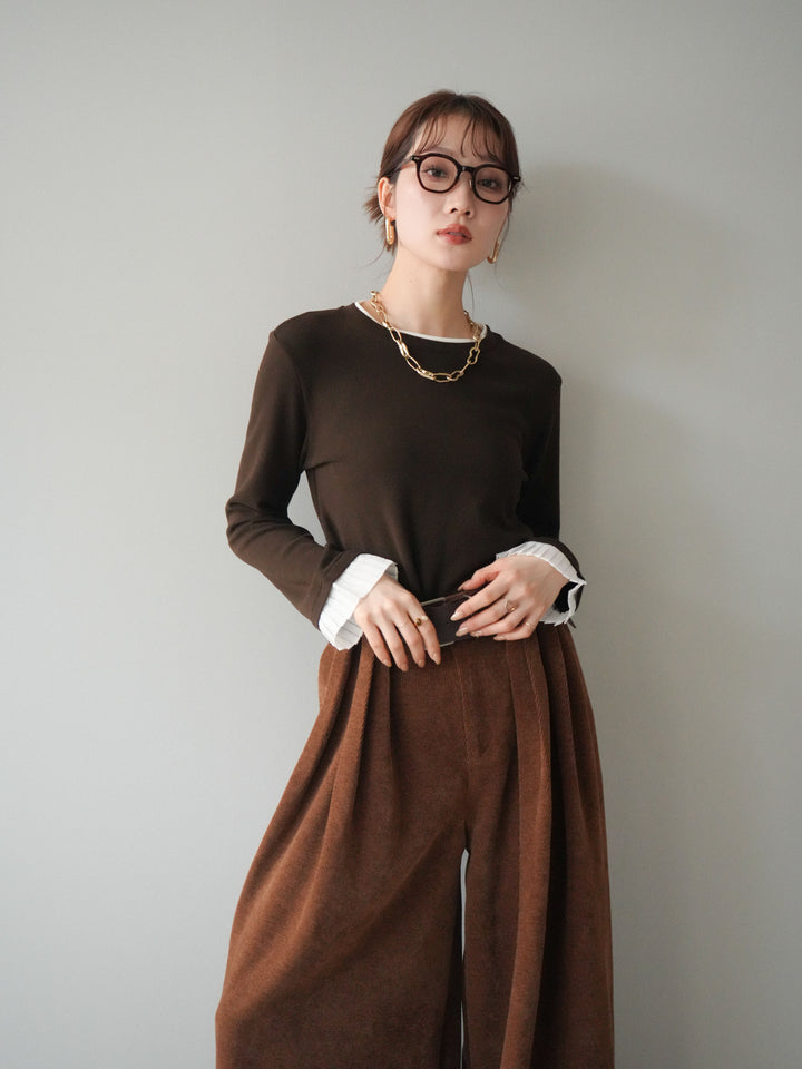 [SET]袖プリーツ配色レイヤードトップス+ベルトデザインループコールテンワイドパンツ(ベルト付き)(2set)