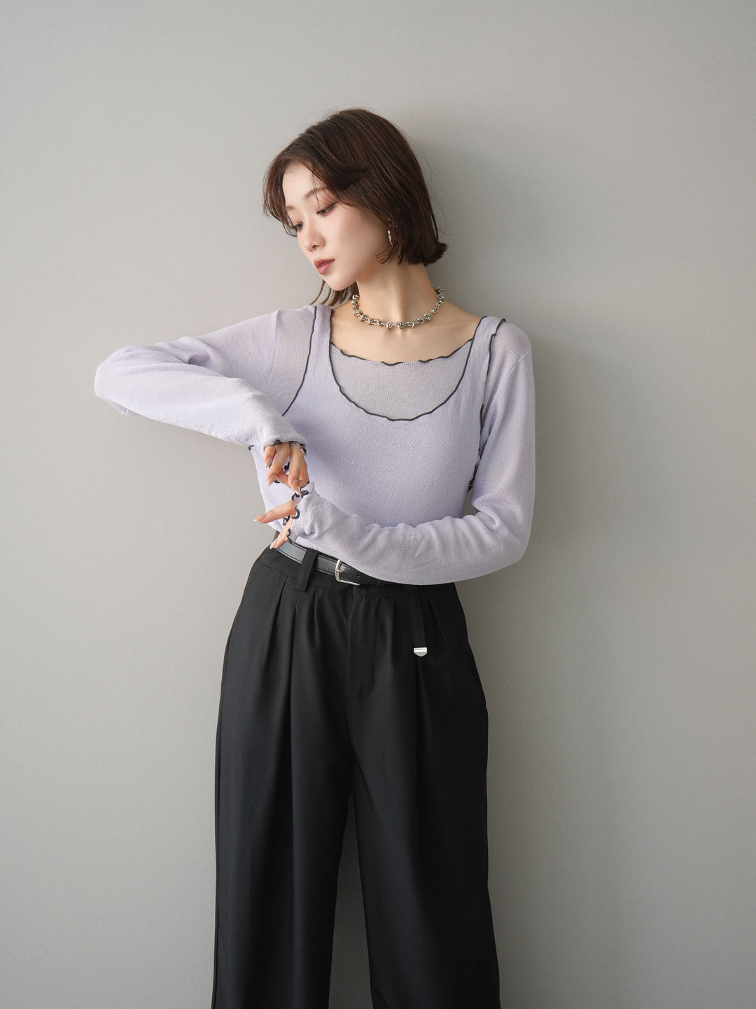 [SET]バイカラーメローアンサンブルシアーニットトップス+バイカラーメローアンサンブルシアーニットトップス(2set)