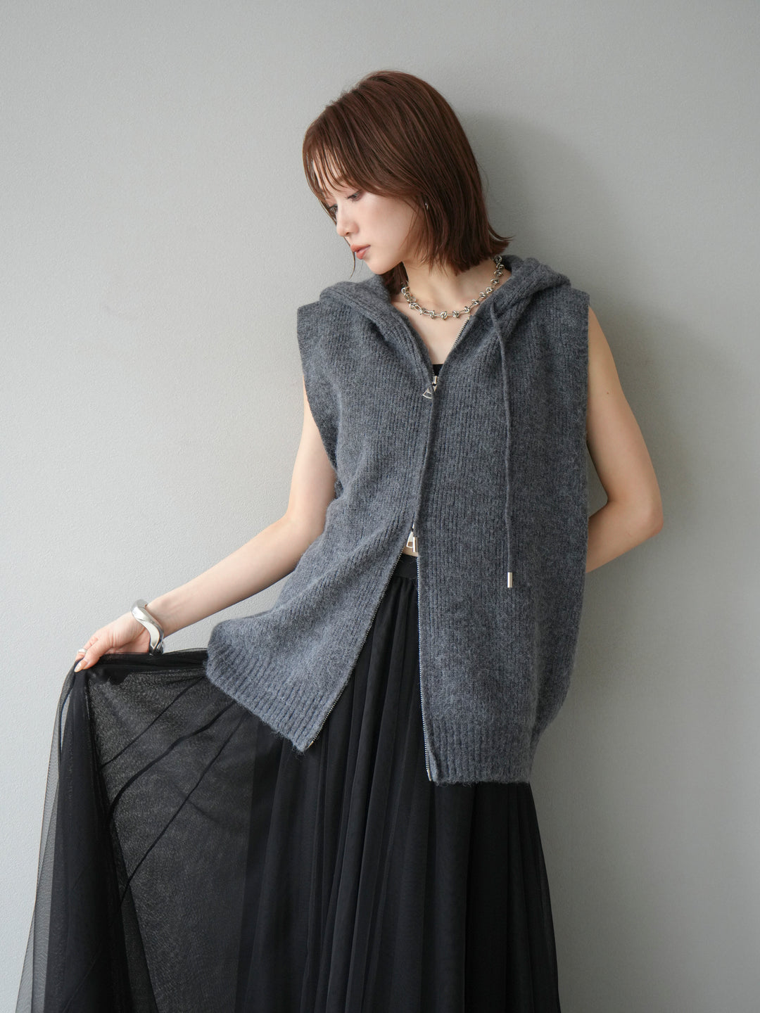 [予約]ノースリーブニットパーカー/グレー