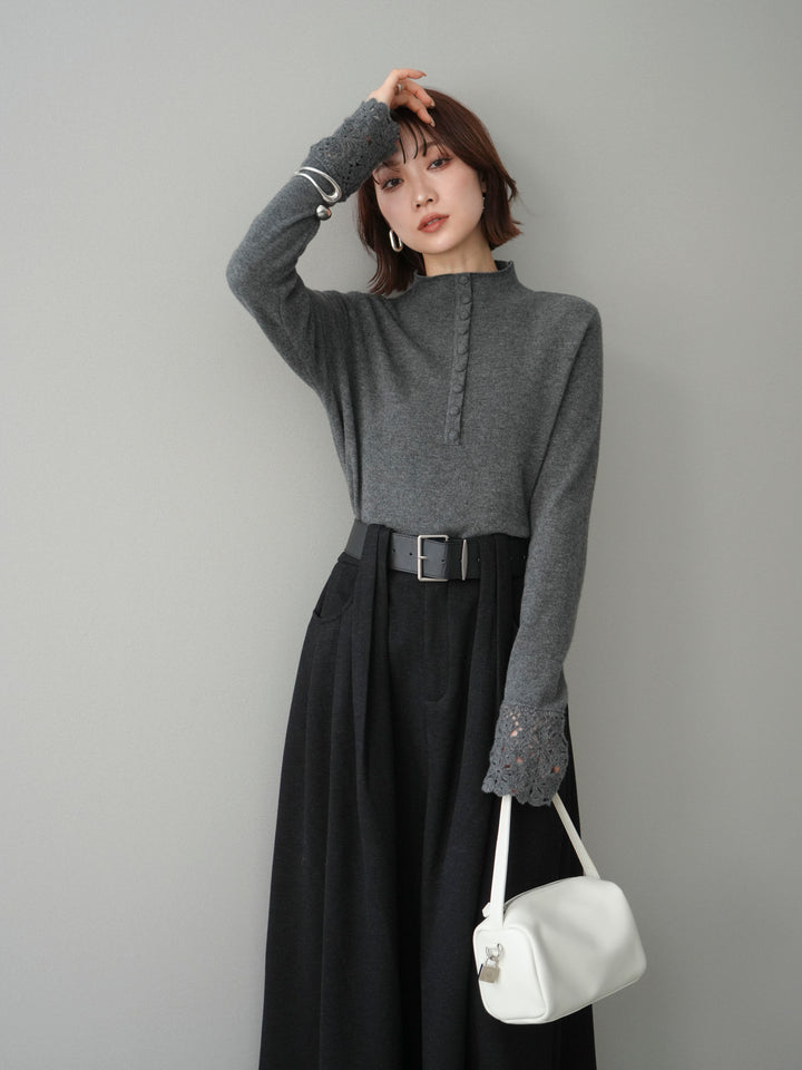 [予約]袖スカラップレースフロントボタンウールニットトップス/gray