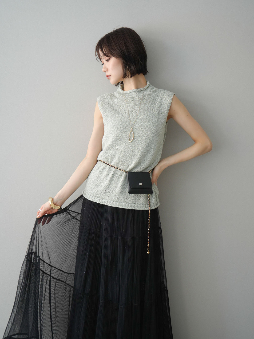 [予約]ノースリーブリネンタッチシアーニットプルオーバー/green