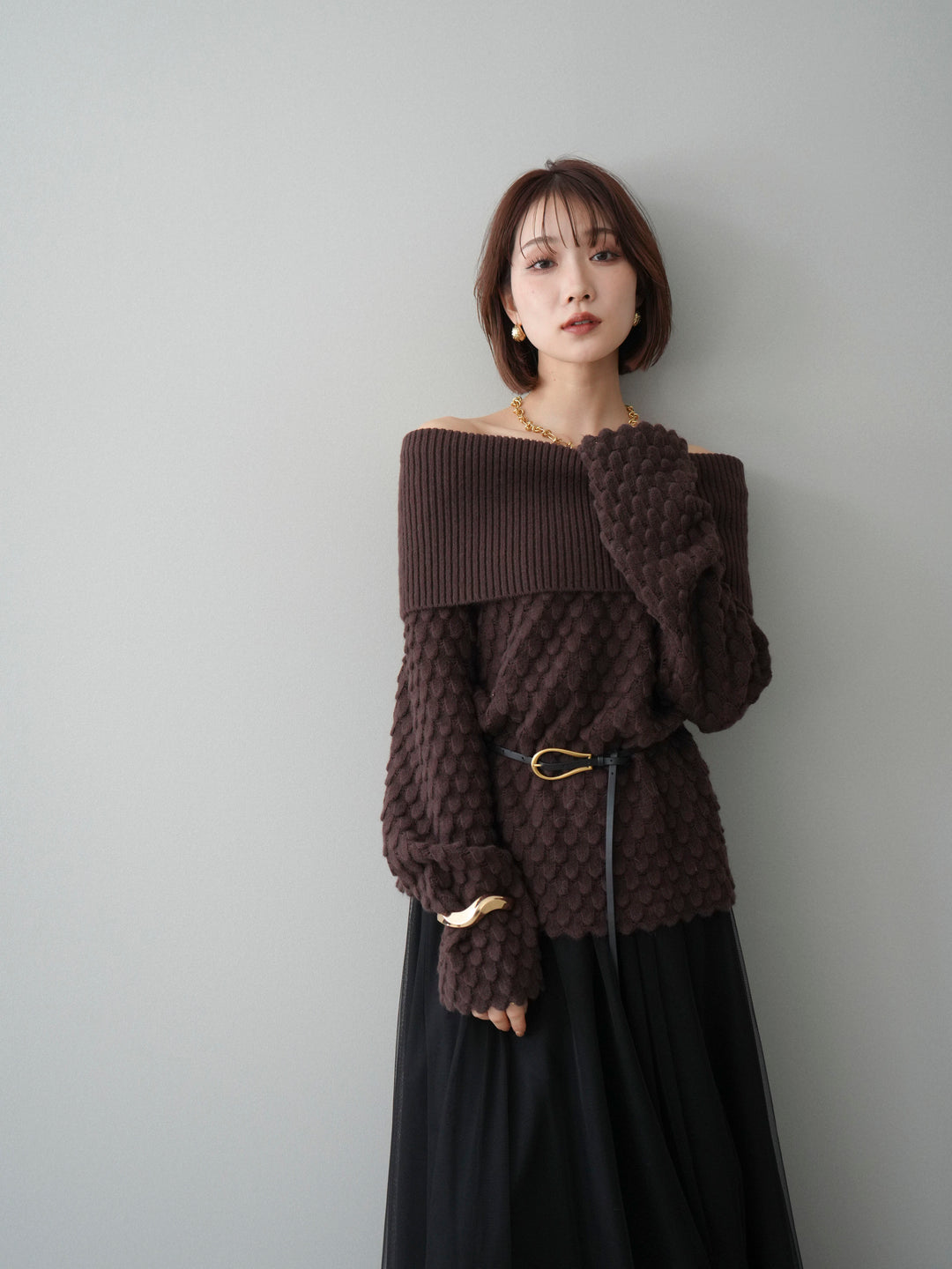 [予約]ポコポコ編みオフショルニットプルオーバー/brown