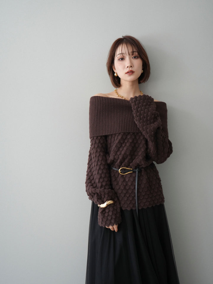 [予約]ポコポコ編みオフショルニットプルオーバー/brown